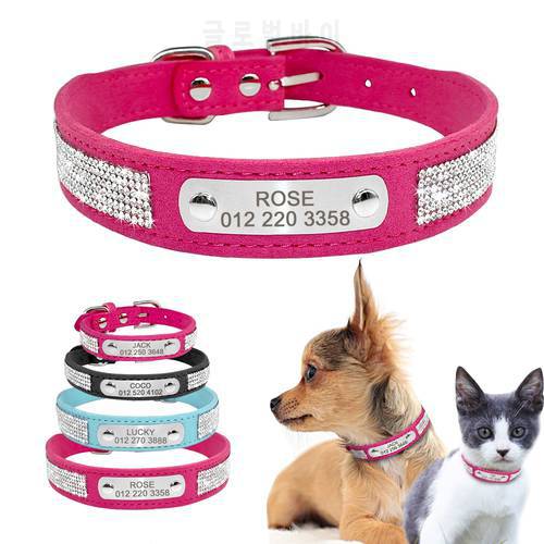 Suede Leather Dog Collar Rhinestone Dogs Cat Personalized ID Collars Customized For Small Medium Pet Puppy Hot Pink Blue Black