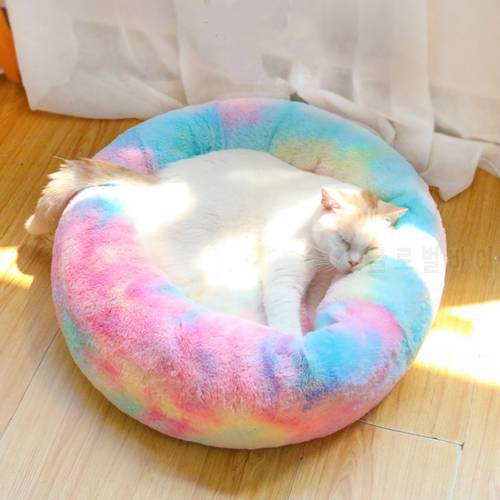 Colorful Round Plush Cat Bed House Cat Mat Winter Warm Sleeping Cats Nest Soft Long Plush Dog Basket Pet Cushion Pets Supplies