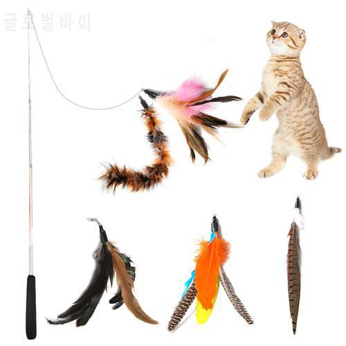 6pcs Pet Cat Toy Fishing Rod Retractable Feathers Funny Cat Pole with Five Replacement Head Pet Interactive Toys for Cats Kitten