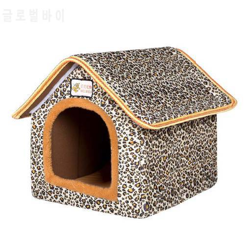 Outdoor Foldable Pet House Bed With Soft Cushion Bottom Non-slip Leopard Cat House Bed Winter Warm Dog House