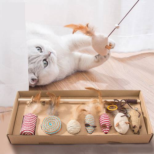 7 Style/1 Set Cat Toy Hemp Rope Interactive Stick Funny Cats Toys Kitten Mouse Fishing Game Wand Feather Pet Supplies Accessory