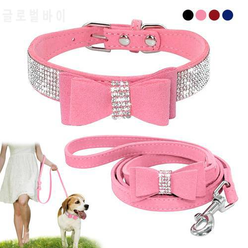 Bling Bowknot Suede Leather Rhinestone Dog Collar and Leash Set Pet Puppy Cat Chihuahua Collars For Small Medium Dogs Cats Pink