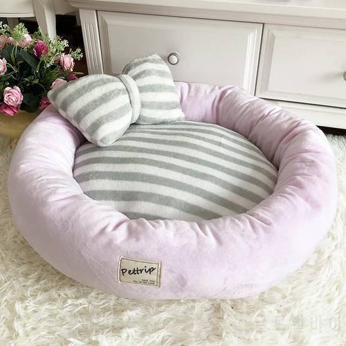 Luxury Princess Kennels Bow Tie Pillow Round Cat Bed Mats Cat Puppy Warm Winter Pet Nest Sofa Cushion cat Teddy Bedding