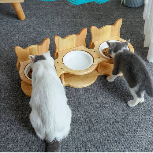 Pet Stainless Steel tableware Pet Feeding and Drinking Bowls with Bamboo Frame Dog Feeders Pet Supplies Cat Dining Table CW209