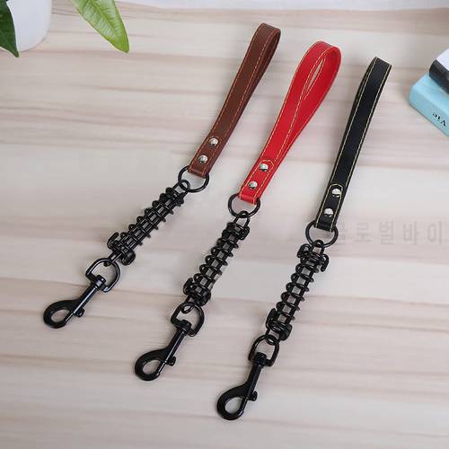 Dog Short chain leash Explosion proof large dog lead PU leather handle big dog leashes Spring buffer black metal pet traction