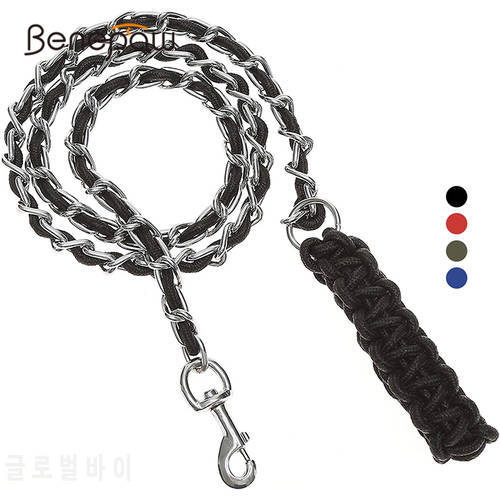 Benepaw Heavy Duty Metal Chain Dog Leash Soft Anti Bite Nylon Braided Handle Pet Lead Training Rope Leads For Medium Big Dogs