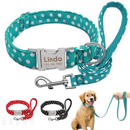 Dog Collar Custom Nylon Pet Polka Dot Collar Walking Leash Set Personalized Puppy Nameplate ID Tag Collars Adjustable Engraved