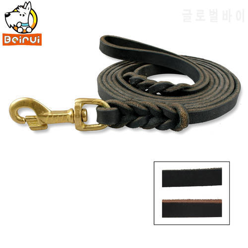 1.2 Width Genuine Leather Dog Leash Braided Real Leather Long Pet Lead Prevent Bite for Medium Large Dogs Black Brown