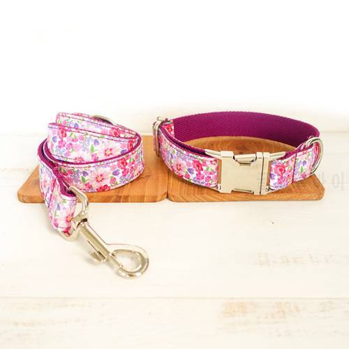 GLORIOUS KEK Dog Collar Flowers Custom Name&Tel Purple Floral Pet Collars with Walking Lead Cute Female Dog Collars for Big Dogs