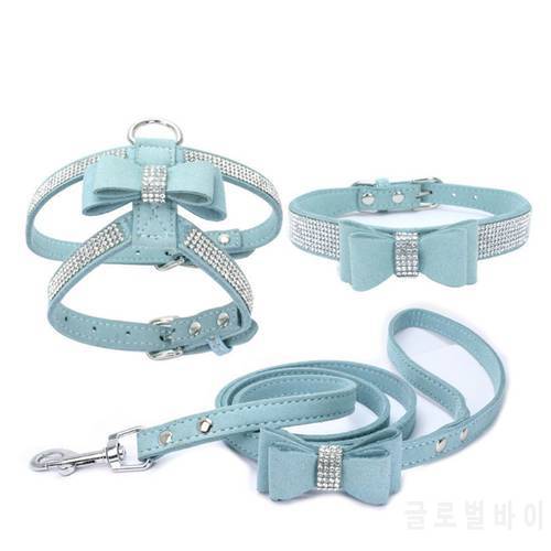 Adjustable Chest Strap With Buckle Rhinestone Soft Suede Bow Pet Dog Cat Harness Leather High Quality Pet Collar 3-Piece Set