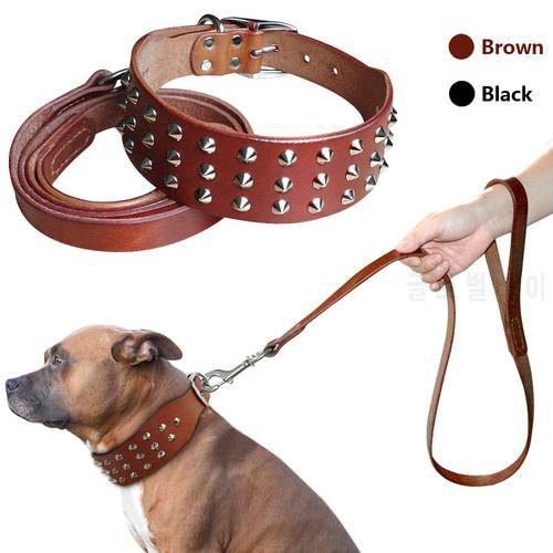 Cool Studded Genuine Leather Pet Dog Collars Leash Set For Medium Large Dog Pitbull Boxer Bulldog S M L Black Brown