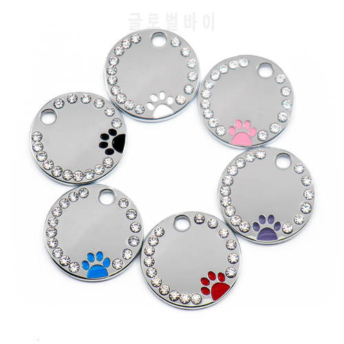 Wholesale 100Pcs Rhinestone Cute Circle Paw Engraved ID Dog Tag Stainless Steel DIY Dog id Tags Pet Shop For Dog Personalized