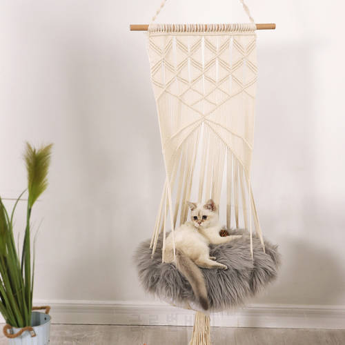 Hand-Woven cat Hanging Basket Swing, Pet cat Flower Mesh Basket Cage Hanging Nest Swing Bed Hammock Toy Washable, All Seasons