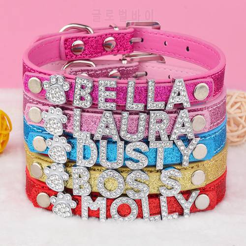 AiruiDog Bling Rhinestone DIY Dog Cat Faux Leather Collar Small Puppy Pet Name Personalized Puppy Collar Christmas Gift