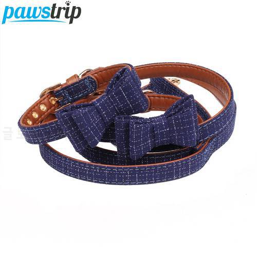 pawstrip 4 Colors Cute Bow Dog Collar Leather Dog Leash Plaid Puppy Bandana Adjustable Cat Collar Pet Lead Collar For Small Dogs