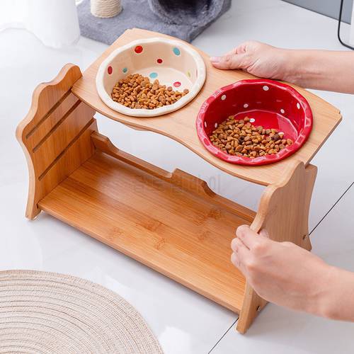 Cute Pets Double Bowl Dog Cat Food Water Feeder Stand Raised Ceramic Dish Bowl Wooden Table Pet Supplies