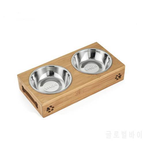 TECHOME New Popular Home Pet Stainless Steel/Ceramic Feeding and Drinking Bowls Combination with Bamboo Frame for Dog Cat Puppy