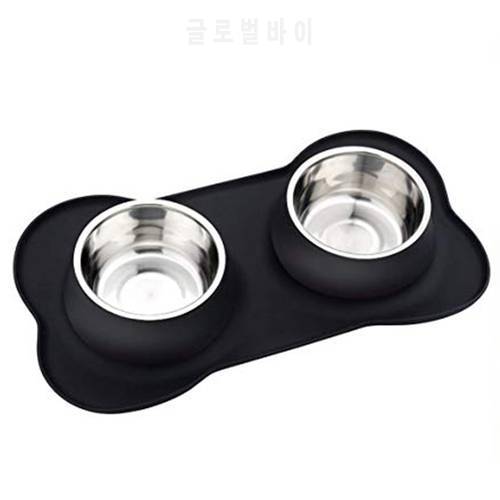 Silicone Dog Bowls Stainless Steel Water and Food Feeder with Non Spill Skid Resistant Silicone Mat for Pets Puppy Small Medi