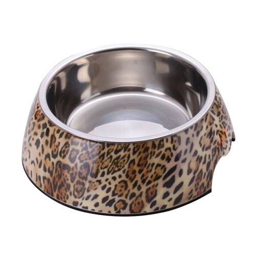 Leopard Style Small & Large Dog Bowl Melamine plastic Stainless Steel Bowl Pet Dog & Cat Feeding and Watering Supplier