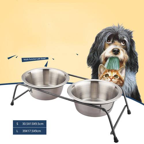 Stainless Steel Cat Dog Double Puppy Pet Water Food Feeder Dish Bowls Stand Set