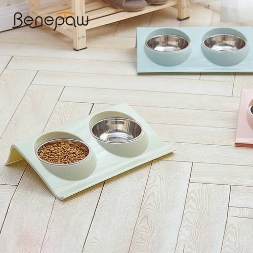 Benepaw No Spill Stainless Steel Double Dog Bowl Nontoxic High Station Removable Food Water Bowl For Dogs Pet Feed Drinking