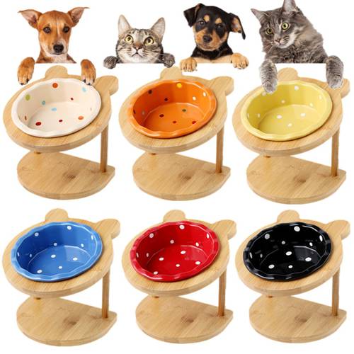Fashion High-end Pet Bowl Bamboo Shelf Ceramic Feeding and Drinking Bowls for Dogs and Cats Pet Feeder Cute Partten Pet Supplies