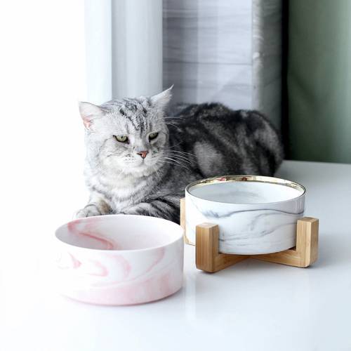 Creative Pet Bowl Marbling Cat Dog Bowl Wooden Shelf Ceramic Feeding and Drinking Bowls for Dogs and Cats Pet Feeding Supplies
