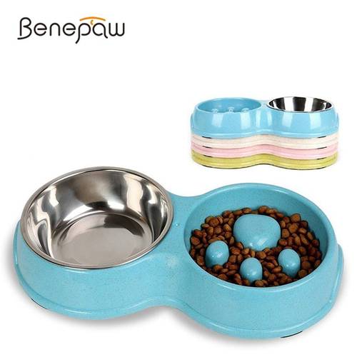 Benepaw Eco Friendly Slow Feeder Double Dog Bowl For Dogs Cats Quality Stainless Steel Anti Slip Pet Food Doggy Bowl Drinking