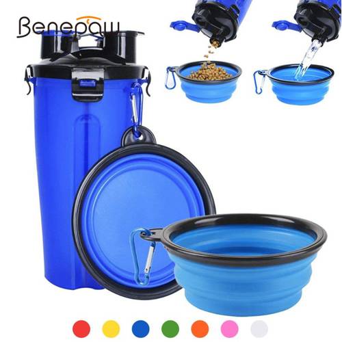 Benepaw Portable Multifunctional Dog Food Water Bottle 2 In 1 With Foldable Bowl 7 Color Food Grade Drinking Pet Dog Feeder Cat