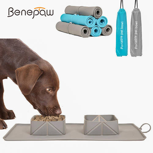Benepaw Collapsible Dog Double Bowls With Antislip Mat Portable Nontoxic Silicone Puppy Travel Bowl For Small Medium Large Dogs