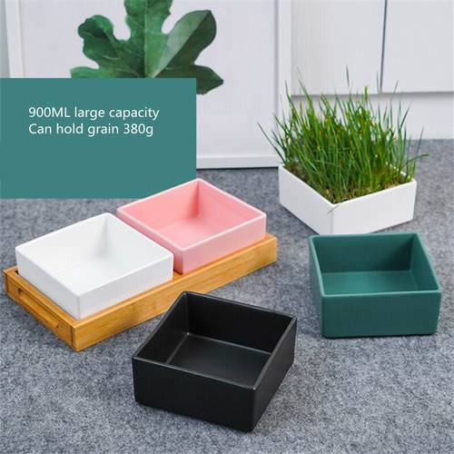 Square Colorful Ceramic Dog Cat Pet Puppy Bowl Feeding Feeder with Bamboo Tray High Capacity Large Diameter Water Bowl Supplies