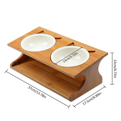 Pet wooden Tilted Feeders Pet Anti-slip Double Ceramic Bowl Cat Dish with Slope Base Lovely Pet Bowls with bamboo stand CW120