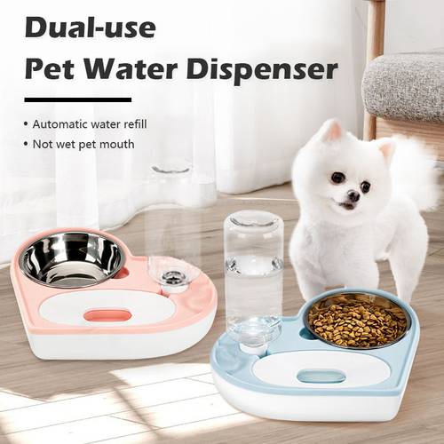2 In 1 Pet Dog Cat Water Food Bowl Set Easy Clean Non Spill Detachable Automatic Water Dispenser and Stainless Steel Pet Bowl