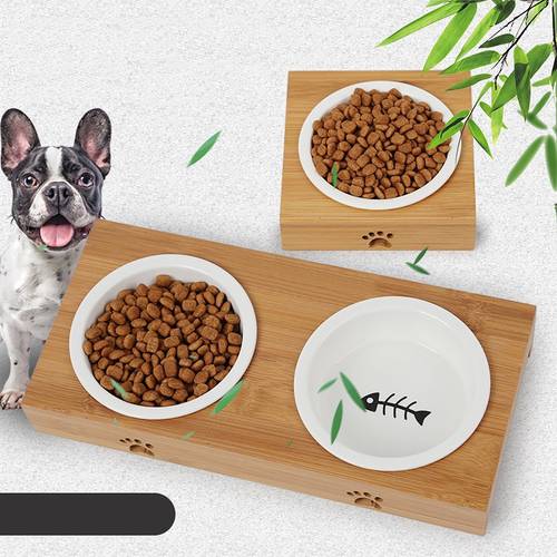 Dog Feeders Cat Bowl Pet Food Water Bowls Single Double Ceramic Tableware Bamboo Frame Antiskid Pets Supplies Accessories