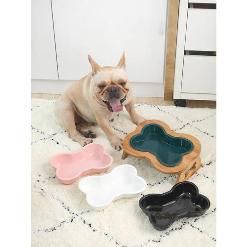 Ceramics Pet Dog Cat Water Eating Bowl For Small Large Dogs Puppy Cat Drinking Feeder Pet Supplies Bone Shape With Wooden Stand