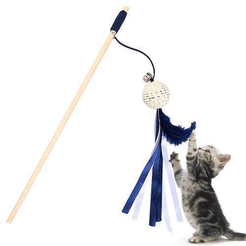 Pet Cat Teaser Multi Color Bird Feather Plush Cat Wand Cat Catcher Teaser Stick Mouse Fish Cat Interactive Toys with Bell