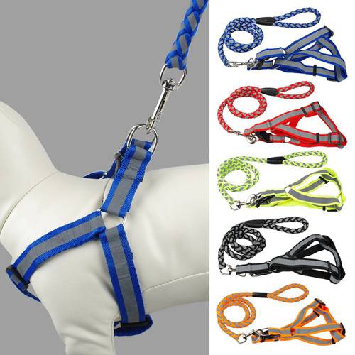 Step-in Adjustable Reflective Nylon Noctilucent Small Dog Puppy Harness Leash Lead Set Safety For Walking 5 Colors 3 Sizes