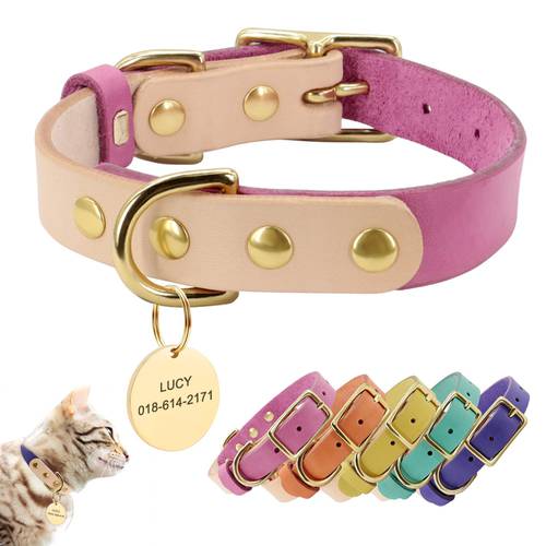 Custom Dog Cat Collar Personalized Leather Pet Dog Collar Engraved Dog Name ID Tags For Small Medium Dogs Chihuahua Yorkshire