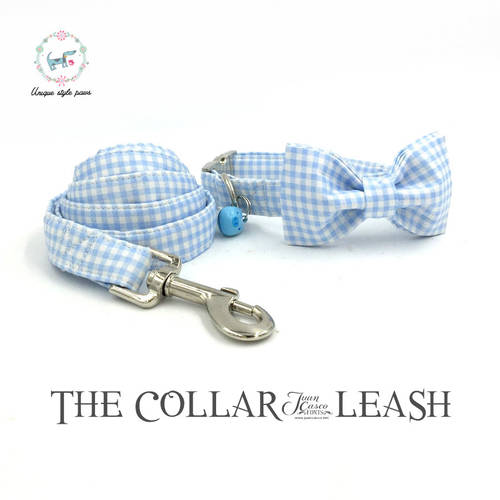 Blue Dog Collar and Leash Set with Bow Tie and Blue Pig Bell Cotton Dog &Cat Necklace and Dog Leash for Pet Christmas Gift