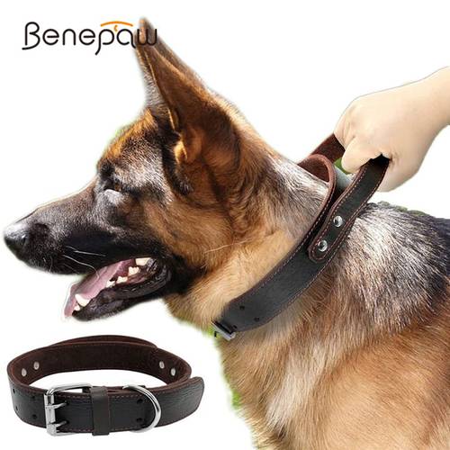 Benepaw Sturdy Genuine Leather Dog Collar Conrol Handle Fashion Durable Heavy Duty Pet Training Collar For Medium Large Dogs