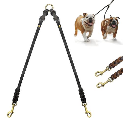 Real Leather Dog Double Leashes Coupler 2 Way Dogs Leashes Pet Couplers Walking Leads For Two Dogs Pitbull Brown Black