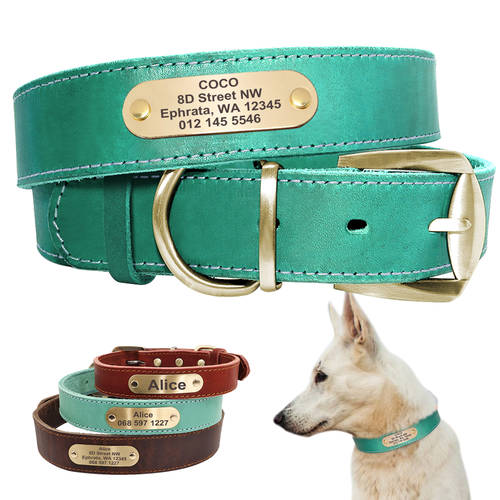 Custom Leather Dog Collar for Small Medium Large Dogs Pitbull Personalized Fashion Genuine Leather ID Collar with Name Plate