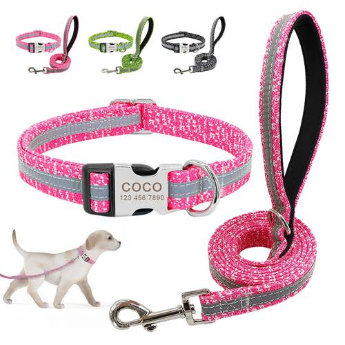 Reflective Nylon Dog Collar and Leash Set Personalized Dogs ID Collars Walking Leash for Small Medium Large Dogs S M L
