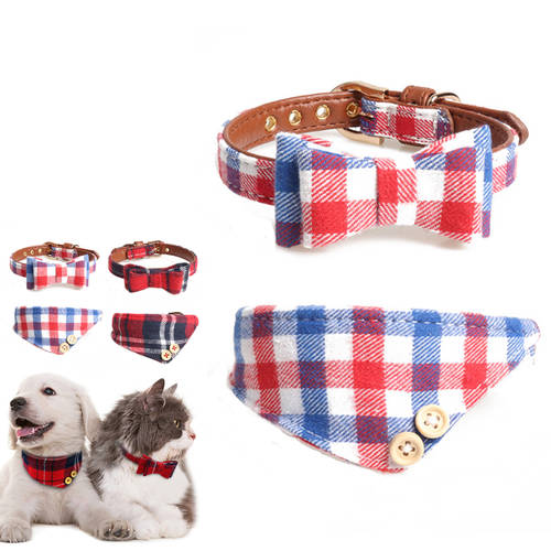Pets Puppy Cat Collar Bandana Soft Cotton PU Leather Bow Tie Plaid Bowknot Small Cats Collars Outdoor Walking Dogs Leashes