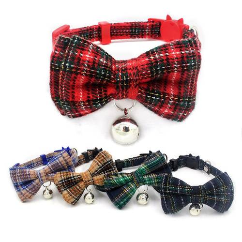 Fashion Scottish Plaid Cat Bells Safety Collar Dog Bow Tie Dog Collar Plaid Necklace For Kitten Bow Tie Itten Puppy Pets Supplie