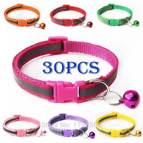30pcs Reflective Bell Dog Cat Pet Collar Kitten Chihuahua Adjustable Small Dog Collar Useful Pet Product plate Printed Accessori