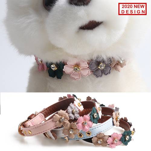 Adjustable PU Leather Cat Collar with Daisy Flowers and Bling Rhinestone Crystal for Kitten and Small Dogs 4 Colors