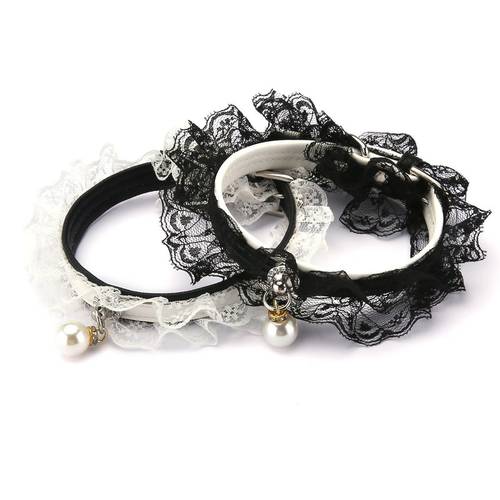PU Leather Adjustable Cat Collar Bell Collar Puppy Necklace Black White Lace Pet Small Medium-size Dog Collar