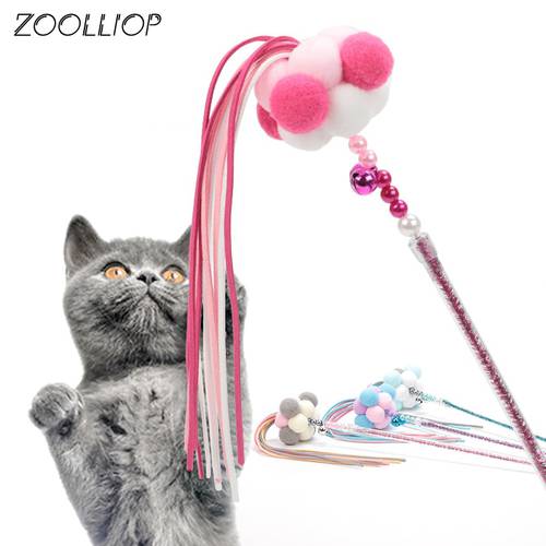 1PC Teaser Plush ball Toys Kitten Funny Colorful Rod Cat Wand Toys Plastic Pet Cat Toys Interactive Stick Pet Cat Supplies