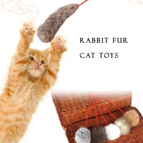 5pcs Created Pet Products Natural Cat Toy Real Rabbit Fur Toy For Cat 2 Styles 3 Colors for choose Furry Funny Cat Stick